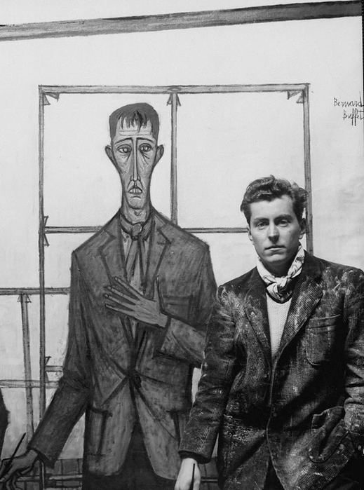 Бернар Бюффе рядом со своим автопортретом, 1950-е года.